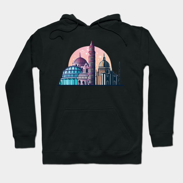 Designs that depict iconic and beautiful buildings from various parts of the world, such as the Eiffel tower, the Taj Mahal, the Colosseum or the Tower of Pisa. Hoodie by maricetak